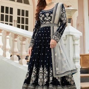 Navy Blue Embroidered Velvet Anarkali. Perfect for Indian/Pakistani/Afghan event